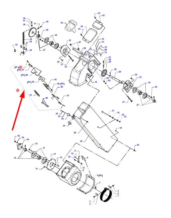 Łańcuch elewatorowy o wymiarach 38,4-R x  83 rolki, 14 łopatek i numerze katalogowym D28580348, stosowany w kombajnah zbożowych marek Challenger, Fendt oraz Massey Ferguson schemat.