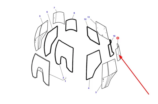 Szyba narożnikowa lewa tylna o numerze katalogowym D6965, stosowana w ciągnikach rolniczych marek Massey Ferguson  i Challenger. schemat
