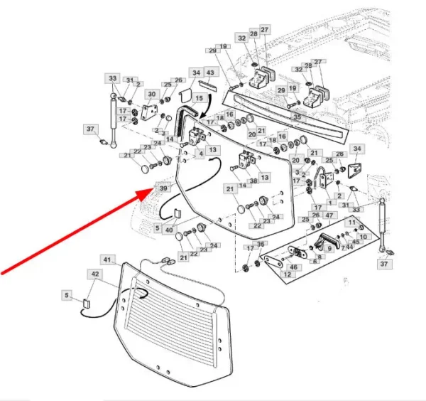 Szyba tylna kabiny o numerze katalogowym L202528KR, stosowana w ciągnikach rolniczych marki John Deere schemat.