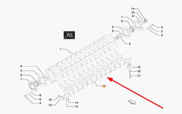 Oryginalny skrobak walca R3 o numerze katalogowym KB3908F37, stosowany w prasach zwijających marki Kverneland. schemat