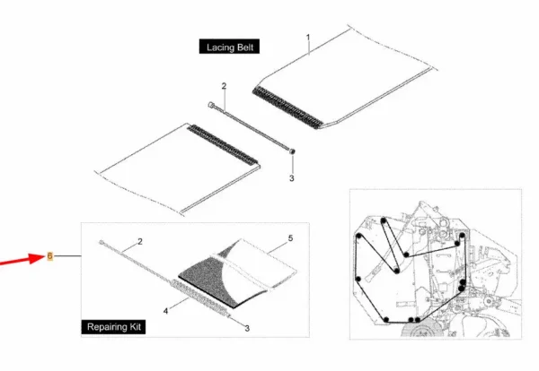 Oryginalny zestaw naprawczy pasa o wymiarach 500 x 220 x 7 mm i numerze katalogowym KB3944834, stosowany w prasach rolniczych marki Kverneland- schemat.