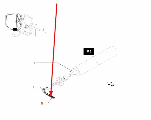 Oryginalny łańcuch napędu bębna o wymiarach 10A-1 (50) x  32 rolki i numerze katalogowym KB8862714, stosowany w prasach zwijających marki Kverneland schemat.