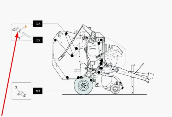 Oryginalna złączka automatycznego systemu smarowania o kącie 90', rozmiarze gwintu M8 x 1 i numerze katalogowym KB8873340, stosowana w prasach zwijających marki Kverneland schemat.