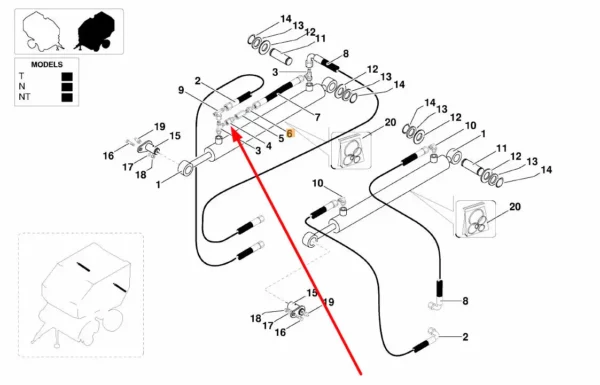 Oryginalna złączka przewodu hydraulicznego siłownika klapy komory zwijającej o numerze katalogowym KB8874879, stosowana w prasach zwijających marki Kverneland schemat.