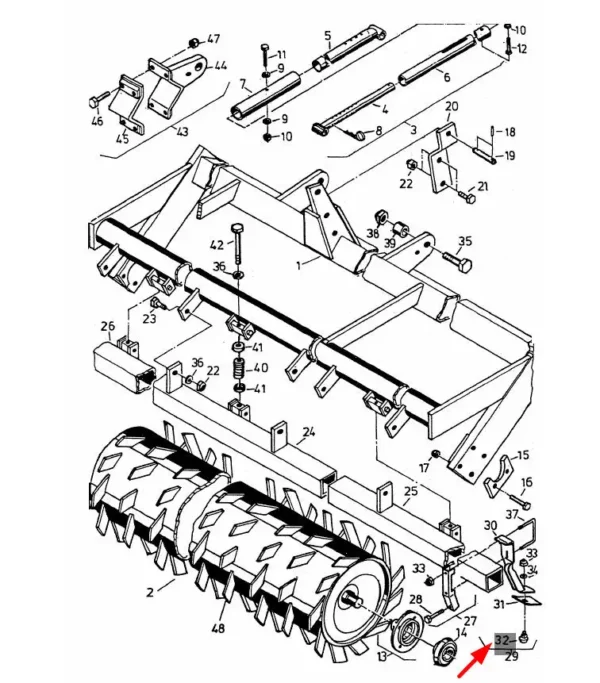 Oryginalna śruba zamkowa o wymiarach  M10X20 i numerze katalogowym 0029528, stosowana w maszyna chrolniczych marki Rau schemat.
