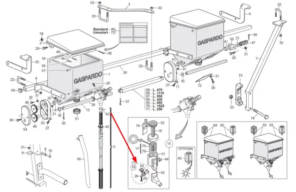 Oryginalny zestaw naprawczy dozownika o numerze katalogowym G20890211R, stosowany w maszynach uprawowych marki Maschio-Gaspardo schemat