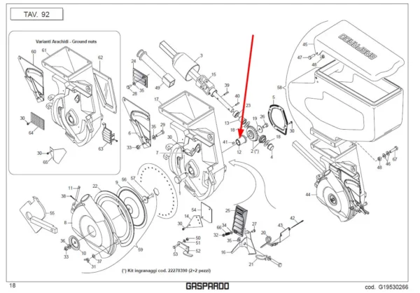 Oryginalna tuleja mosiężna o numerze katalogowym G66349002R, stosowana w siewnikach punktowych marki Maschio-Gaspardo. schemat