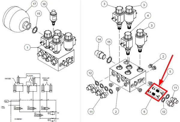 Oryginalny zawór hydrauliczny o numerze katalogowym CVA00603, stosowany w prasach marki McHale schemat.