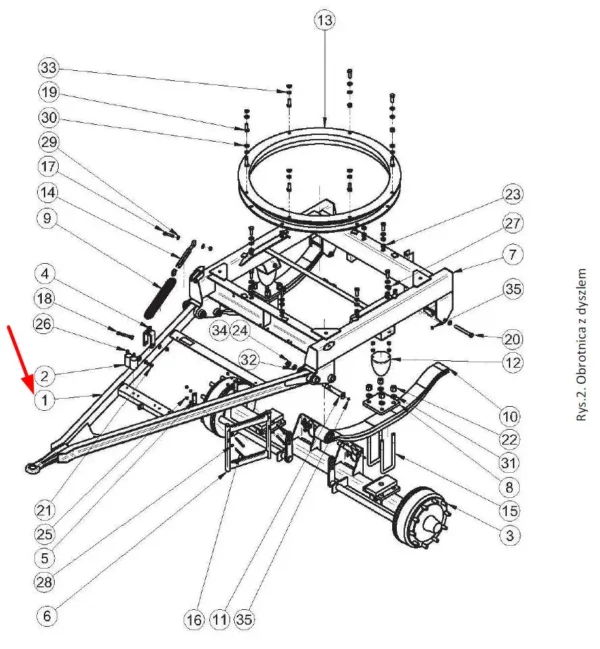 Oryginalny dyszel przyczepy DB 125 KN 9t. o numerze katalogowym 38065, stosowany w przyczepach rolniczych DB 12 oraz 14 marki Metaltech schemat.