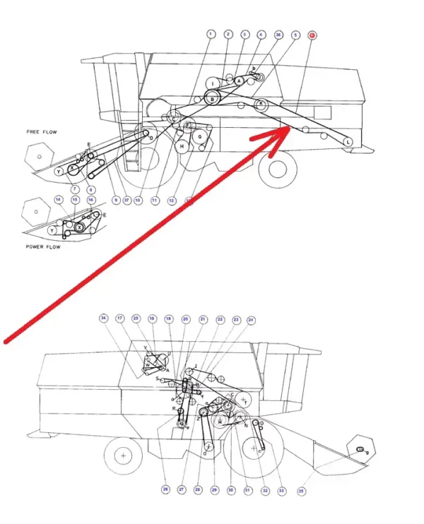 Pasek klinowy zespolony napędu rozdrabniacza słomy marki Optibelt o wymiarach 2B x 6500 mm i numerze katalogowym 1001725, stosowany w kombajnach zbożowych marek Massey Ferguson, Fendt, Challenger schemat.