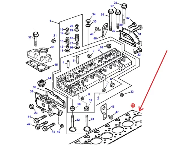 Uszczelka głowicy silnika o numerze katalogowym 3681H208, stosowana w ciągnikach rolniczych i kombajnach zbożowych marki Massey Ferguson. schemat