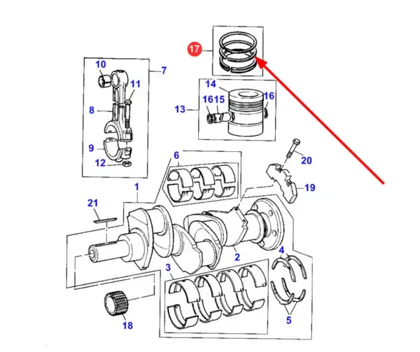 Komplet pierścieni tłokowych o numerze katalogowym 4181A035, stosowany w ciągnikach rolniczych marki Massey Ferguson. schemat