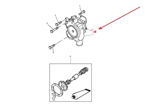 Pompa wody z uszcelką i śrubami mocującymi o numerze katalogowym U5MW0193, stosowana w ciągnikach rolniczych marki Massey Ferguson. schemat