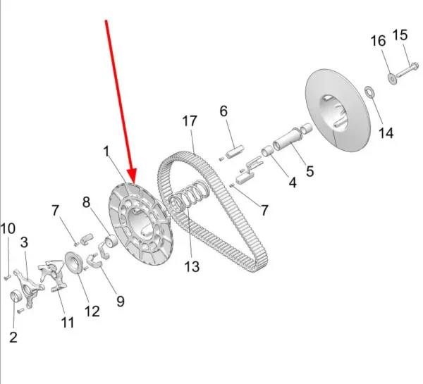 Oryginalne sprzęgło ASM, stosowane w quadach RZR Turbo 2017-19 marki Polaris schemat.