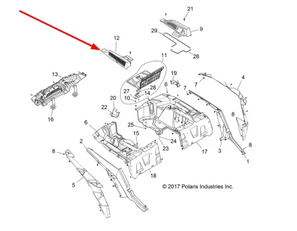 Oryginalna obudowa wlotu powietrza do silnika, stosowana we wszystkich modelach RZR marki Polaris schemat