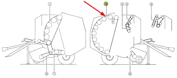 Łańcuch rolkowy o wymiarach 16B-1 x 234 rolek, numerze katalogowym SD16B1X234, stosowany w maszynach i pojazdach rolniczych wielu marek schemat.