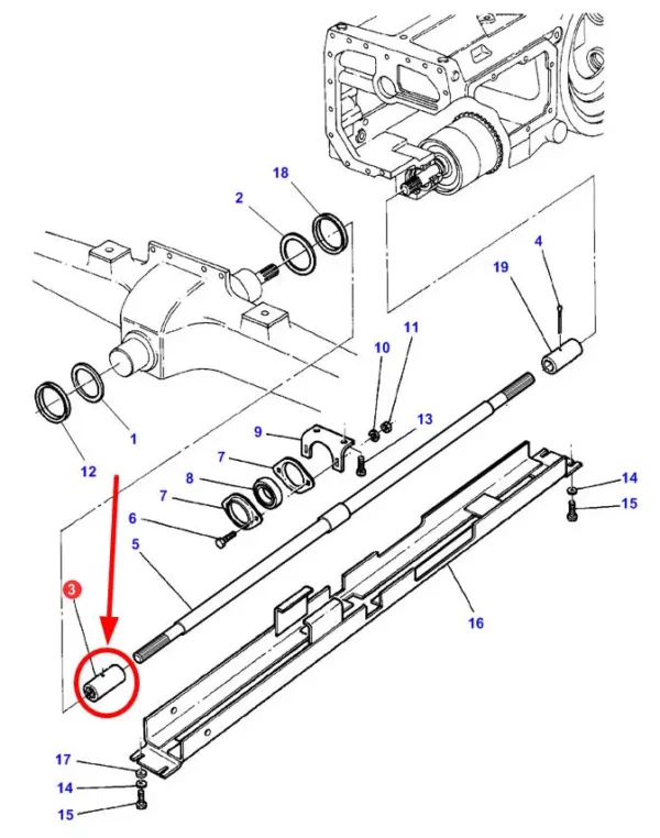 Łącznik wału napędowego przedniej osi o numerze katalogowym 3384857M2, stosowany w ciągnikach rolniczych marki Massey Ferguson schemat