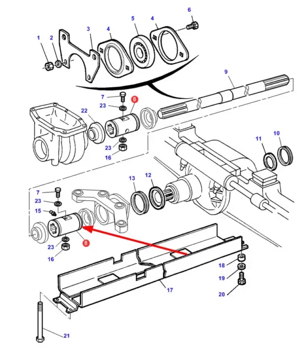 Łącznik wału napędowego przedniej osi o numerze katalogowym  3714416M2, stosowany w ciągnikach rolniczych marki Massey Ferguson schemat.