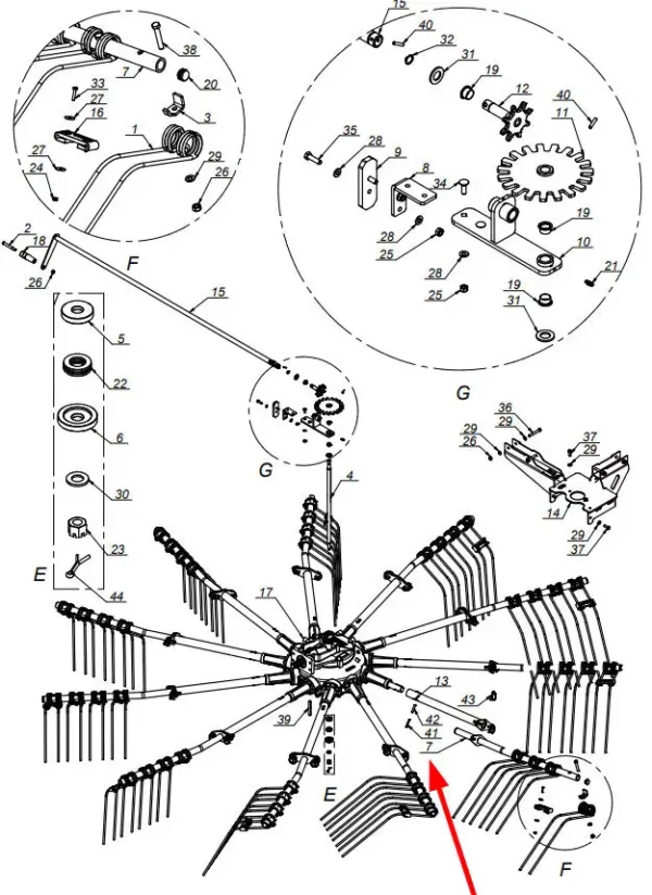 Oryginalne ramię grabiące prawe o numerze katalogowym 0305.04.11.001, stosowane w zgrabiarkach marki Samasz. schemat