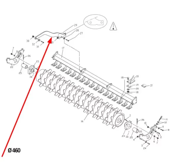 Oryginalne wzmocnienie mocowania wału o średnicy fi 460 mm i numerze katalogowym 721393, stosowane w agregatach uprawowych marki Sulky schemat.