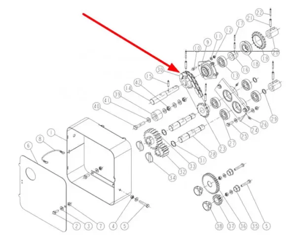 Oryginalny łańcuch rolkowy o wymiarach 10B-1 x 30 rolek stosowany w maszynach rolniczych marki Sulky - schemat.