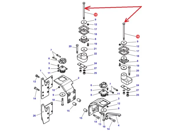 Oryginalna śruba z łbem sześciokątnym o wymiarach M16 x 270 i numerze katalogowym 392323X1, stosowana w ciągnikach rolniczych marek Massey Ferguson i Challenger. schemat