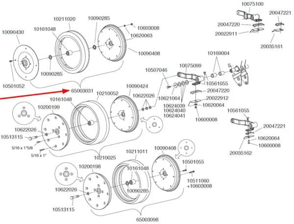 Oryginalne koło ugniatające wąskie szerokości 55 mm i numerze katalogowym 65003031, stosowane w siewnikach marki Monosem- schemat.