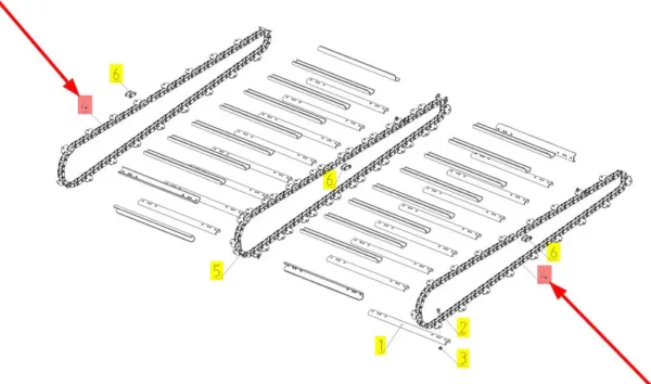 Oryginalny łańcuch przenośnika pochyłego zewnętrzny o wymiarach 38 x 109 rolek,18 zabieraków o numerze katalogowym 102840443 stosowany w kombajnach zbożówych marki Rostselmash schemat.