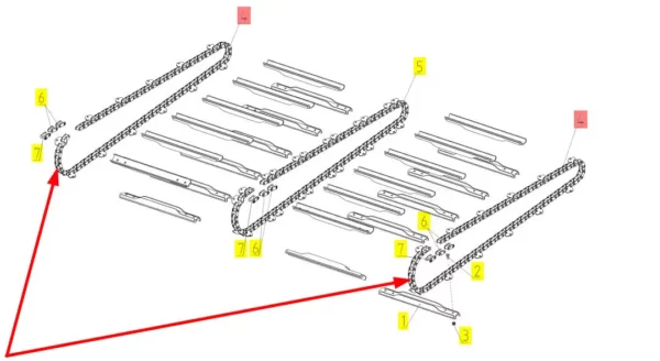Oryginalny łańcuch zewnętrzny przenśnika pochyłego o wymiarach 38H x 96 rolek 12 zabieraków i numerze katalogowym 102842125, stosowany w kombajnach zbożowych marki Rostselmash schemat.