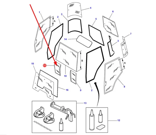 Szyba dolna kabiny o numerze katalogowym 100435, stosowana  w ciągnikach roliczych marek Massey Ferguson i Challenger. schemat