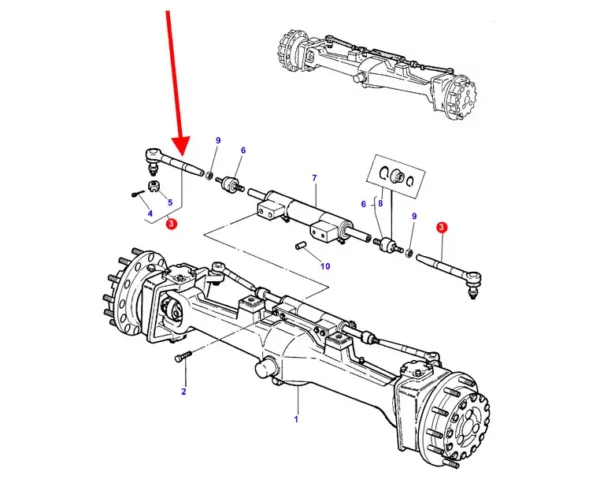 Przegub kulowy przedniej osi o długości 240 mm, stosowany jako zamiennik w ciągnikach rolniczych marki Massey Ferguson. schemat