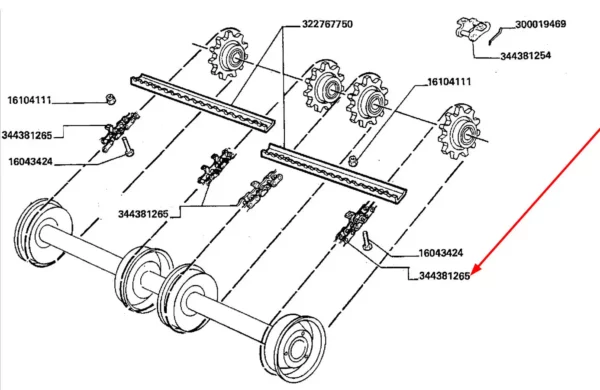Łańcuch przenośnika pochyłego marki Tagex o numerze katalogowym 344381265, stosowany w kombajnach zbożowych marek Fendt, Laverda i Massey Ferguson.