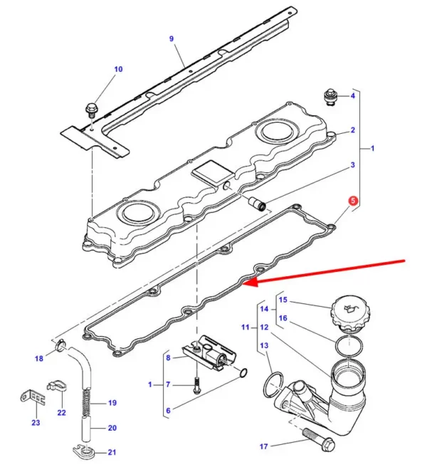 Oryginalna uszczelka pokrywy zaworowej o numerze katalogowym 4224702M1, stosowana w maszynach rolniczych marek Massey Ferguson, Caterpillar oraz Claas schemat.