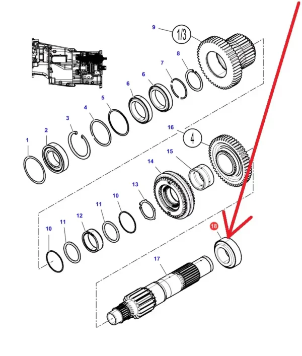 Łożysko stożkowe wału przekładni o numerze katalogowym JW5049/10, stosowane w ciągnikach rolniczych marek Massey Ferguson, Challenger schemat.