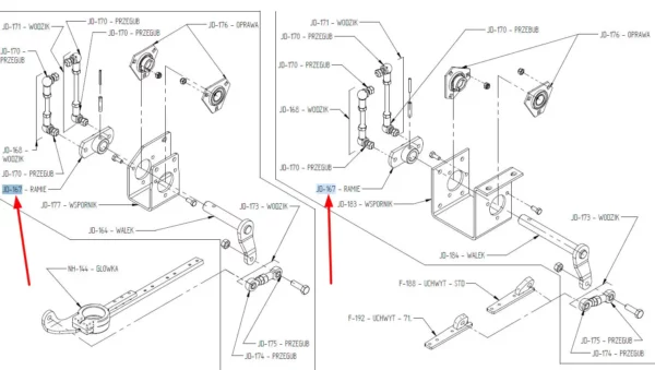 Ramię wałka napędowego o numerze katalogowym JD-167, stosowane w stołach do rzepaku marek Fendt oraz Massey Ferguson schemat.
