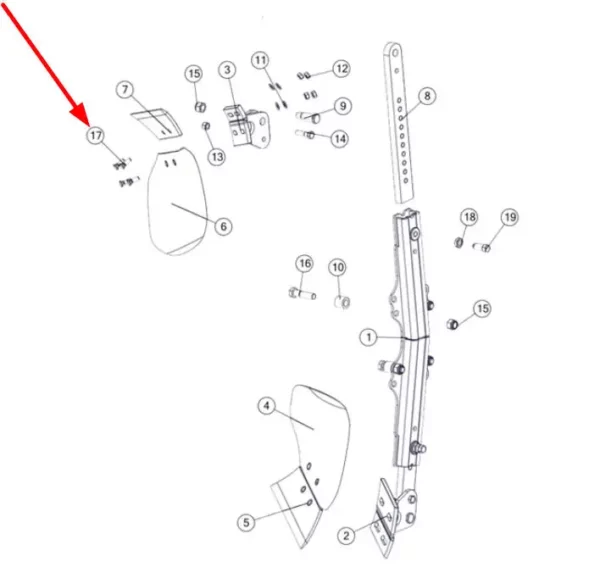 Oryginalna śruba płużna mocowania odkładnicy przedpłużka o wymiarach M10 x 30 x 1.25 kl.10.9 i numerze katalogowym 1025388, stosowana w pługach marki Unia schemat.