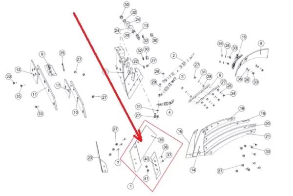 Oryginalny lemiesz lewy do dłuta  o szerokości 35-40 cm i numerze katalogowym 1117/61-150/0, stosowany w pługach marki Unia schemat