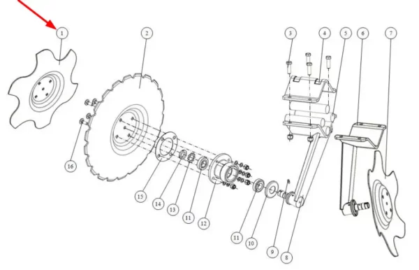 Oryginalny talerz skrajny prawy fi 460/4 o numerze katalogowym 1680/38-001/0, stosowany w maszynach uprawowych marki Unia.