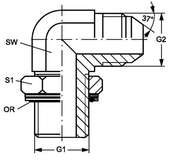 Redukcja hydrauliczna kolankowa 90 stopnii, o wymiarach przyłączy G1 - 3/8" i G2 - 9/16", uszczelnie typu oring, stoswany do łączenia wężów i przewodów hydraulicznych schemat.