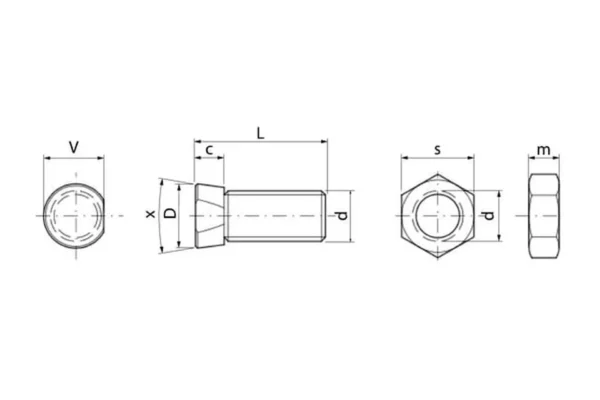 Śruba stożkowa jednostronnie ścięta, M14 x 45 mm kl. 10.9 z nakrętką