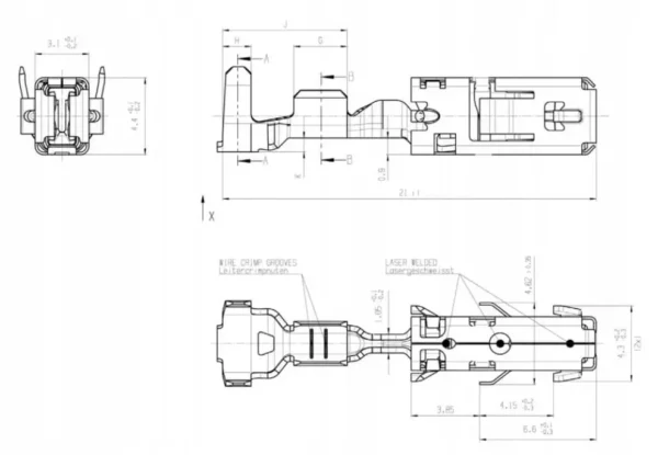 Oryginalny konektor marki Bosch na przewód o przekroju żyły 1,5 mm2 - 2,5 mm2, rodzaj żeński 2,8 mm o numerze katalogowym BDK1928498057, szeroko stosowany w maszynach i pojazdach wielu marek schemat.