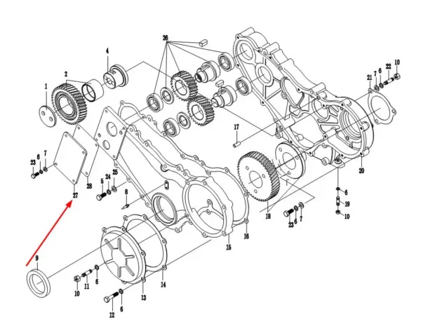 Oryginalna osłona pompy hydraulicznej o numerze katalogowym TL4110-06027, stosowana w ciągnikach rolniczych marek Arbos i Lovol.-schemat