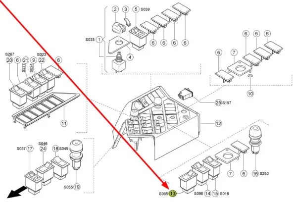 Oryginalny przełącznik elektryczny o numerze katalogowym 558048.0, stosowany w kombajnach zbożowych marki Claas. schemat