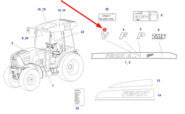 Oryginalna naklejka, emblemat V lewy maski o numerze katalogowym 260500021900, stosowana w ciągnikach rolniczych marki Fendt schemat.