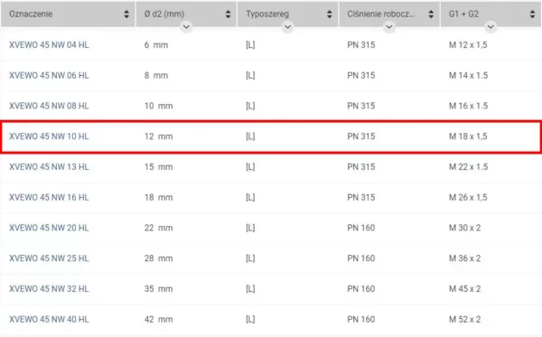 Złączka układu hydraulicznego marki Hansa Flex kąt 45 stopni, wymiary gwintu M18 x 1,5, średnica 12 mm o numerze katalogowym XVEWO45NW10HL, szeroko stosowana w maszynach i pojazdach wielu marek schemat.