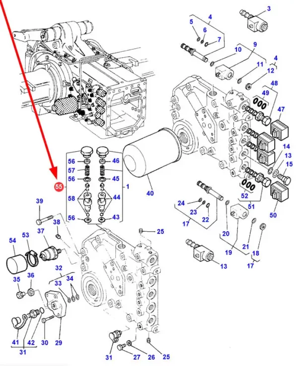 Oryginalny zawór pompy hydraulicznej o numerze katalogowym 3790223M1, stosowany w ciągnikach rolniczych marek Massey Ferguson, Valtra i Challenger. schemat