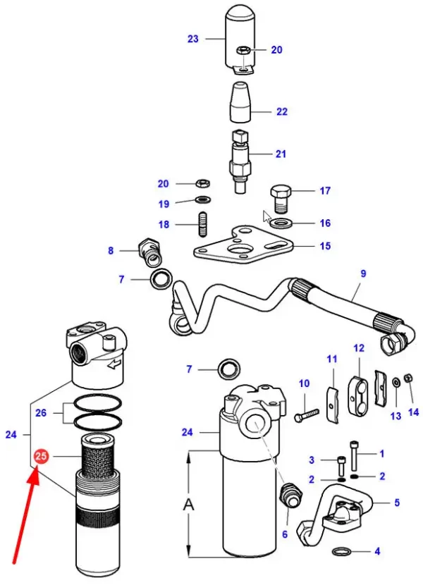 Oryginalny filtr oleju hydrauliki wkład wraz z uszczelkami o numerze katalogowym 3799315M1, stosowany w ciągnikach rolniczych marki Massey Ferguson schemat.