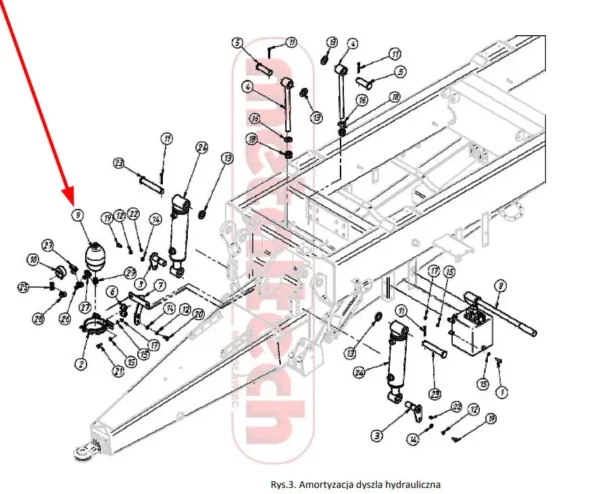 Oryginalny akumulator hydrauliczny o pojemności 0,7 L i numerze katalogowym 42367, stosowany w przyczepach marki Metaltech. schemat