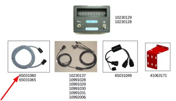 Oryginalny przewód kontrolera siewnika o długości 5 m i numerze katalogowym 65031060, stosowany w kontrolerach wysiewu siewników punktowych marki Monosem schemat.