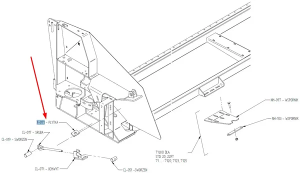 Płytka metalowa o numerze katalogowym F-071, stosowana w przystawkach do rzepaku marek Massey Ferguson oraz Fendt schemat.